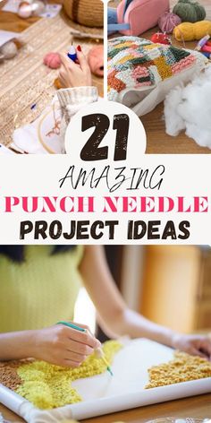 the cover of an amazing punch needle project ideas book with images of people working on crafts