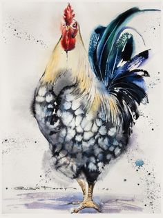 a watercolor painting of a rooster with blue feathers and white spots on it's head