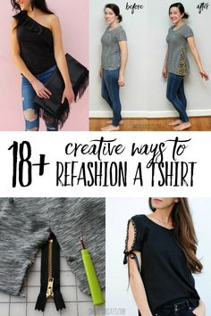 tshirt refashion ideas How To Refashion A T Shirt, How To Alter Tee Shirts, Refashion Tee Shirts Ideas, Refashioned Tshirt Diy Upcycle, Alter T Shirts Ideas, Upcycled Tee Shirts Ideas, T Shirt Transformation Diy, T Shirt Redesign Ideas, Upcycle Tee Shirts Diy