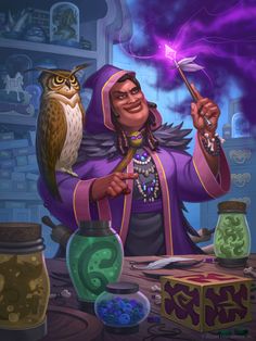 the wizard is holding an owl in his hand