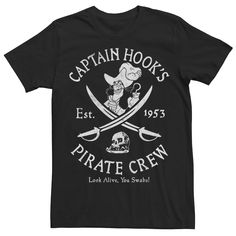 the captain hook's pirate crew t - shirt is black and has two crossed swords on