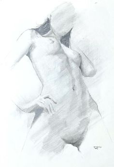 a pencil drawing of a naked woman with her hands on her hips and one arm behind her head