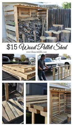 some wood pallets are stacked up and ready to be used as a storage shed