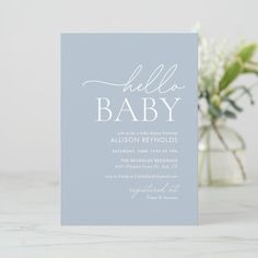 Minimalist Dusty Blue Hello Baby Shower Elegant Baby Shower Ideas For Boys, Baby Shower Blue Theme, Blue And White Baby Shower Ideas, Baby Shower Invites For Boys, Blue Baby Shower Ideas, Simple Baby Shower Invitations, Boy Baby Shower Invitations, Baby Boy Shower Invitations, Christening Invitations Boy