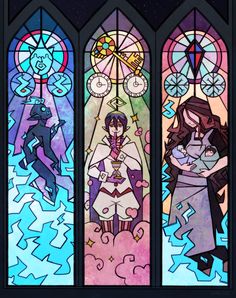 three stained glass windows with cartoon characters in the window and one is holding a cat