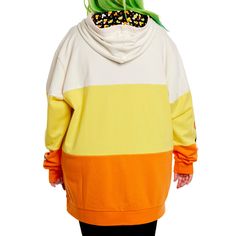 Lift spirits wherever you go with our Loungefly Disney Mickey Mouse and Friends Candy Corn Hoodie. This color-block, screen-printed hoodie is full of sweet surprises, as Disney characters pop out from the candy corn-colored stripes. On the front, Mickey Mouse, dressed as a vampire, stretches his arms out over the front pocket. Below, Minnie Mouse makes a bewitching appearance in a candy corn colored-costume. Donald Duck is wearing a pumpkin costume, and on the sleeves, you'll find Goofy and Plut Mickey Mouse Pumpkin, Pumpkin Costume, Loungefly Disney, Disney Lover, Mickey Mouse And Friends, Halloween Looks, French Terry Fabric, Pop Out, Love To Shop