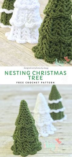 crocheted christmas trees with text overlay that reads, nesting christmas trees free crochet pattern