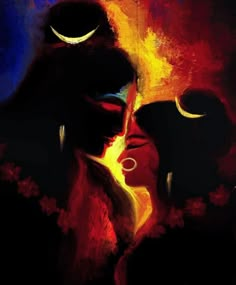 an abstract painting of two women facing each other with the moon in the sky behind them