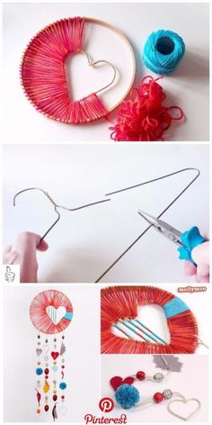 the instructions to make a heart - shaped pin cushion with yarn and beads are shown