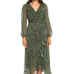 New With Tags Look Fierce And Fabulous As You Embrace Your Wild Side In Our London Times For Maggy London Thora Green Animal Print Dress. The Perfect Blend Of Elegance And Fierceness, You'll Turn Heads When You Rock This Dress At Your Next Date Night, Wedding, Holiday Or Church Event. The Beauty Never Stops! Details Available In Sizes 6 14 Color: Green V Neckline Long Sheer Sleeves Wrap Midi Dress High Low Ruffle Hem Sheer Overlay Lined Bodice Sizing Sizes: 6, 8, 10, 12, 14 Fabric & Care Fabric: Long Sleeve Leopard Print Maxi Dress For Spring, Long Sleeve Leopard Print Midi Dress For Spring, White Christmas Stockings, Dress High Low, High Low Midi Dress, Green Animals, Long Cocktail Dress, Tulip Skirt, Night Wedding