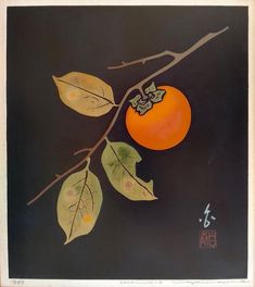 an orange on a branch with leaves and numbers painted on the back ground below it