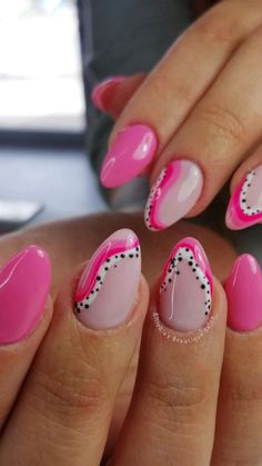 Cute Summer 2024 Nails, Fun Mail Designs, Pink Nails White Dots, Nail Ideas Senior Pictures, Nails Design Preppy, Trendy Round Nails Short, One Nail Design Ideas, Dragon Fruit Nail Art, Fruit Nails Art