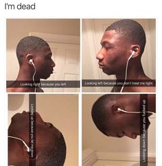 four different views of a man with earbuds in his ears and the words looking for someone you don't want to hear