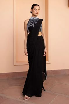 Black Shantoon Pre-Draped Skirt Saree with Tassel Embellished Palla and Pearl Embellished Blouse Saree Jacket Designs Latest, Saree With Sleeveless Blouse, Black Color Hairstyles, Sarees Black, Skirt Saree, Saree Jacket Designs, Saree Jacket, Sleeveless Blouse Designs, Drape Sarees