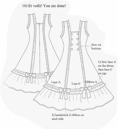 the front and back view of a dress with ruffles on it, as well as