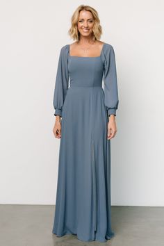 Giselle Maxi Dress | Whisper Blue Long Sleeve Maxi Dress With Ruched Bodice, Fitted Chiffon Maxi Dress With Smocked Back, Blue Fitted Long Sleeve Chiffon Dress, Blue Long Sleeve Chiffon Dress For Evening, Evening Blue Long Sleeve Chiffon Dress, Blue Long Sleeve Chiffon Evening Dress, Elegant Long Sleeve Maxi Dress With Smocked Back, Fitted Long Sleeve Chiffon Bridesmaid Dress, Blue Bishop Sleeve Dress With Elastic Sleeves