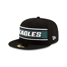 The Philadelphia Eagles 2024 Sideline Black 59FIFTY Fitted features an embroidered Eagles banner wordmark with a matching NFL Shield at the rear. Additional details include a team logo at the right-wear side and a gray undervisor. Calgary Flames, Florida Panthers, Anaheim Ducks, Utah Jazz, New York Rangers, New York Knicks, Detroit Lions, Cincinnati Bengals, San Francisco Giants