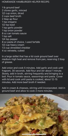 the recipe for homemade hamburger helper recipe is shown on a white plate with black background