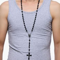 Mens Chain Bead Rosary Cross Necklace Stainless Steel Black Jesus Christ Charm Male Jewelry Black Jesus Christ, Chain Rosary, Pear Shaped Diamond Necklace, Rosary Cross, Key Charm Necklace, Christ Cross, Mens Chain