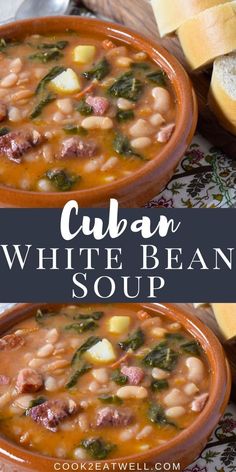 two bowls of cuban white bean soup with bread in the background