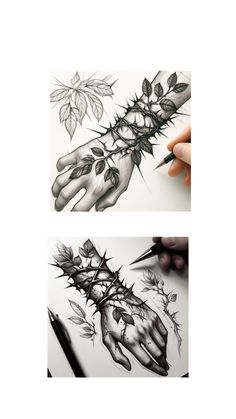 two pictures of hands with plants on them, one is drawn and the other is colored