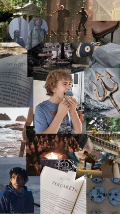 a collage of photos with people, books, and other things in the background