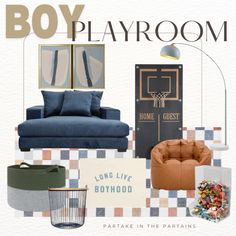 a collage of furniture and decor with the words boy playroom written below it