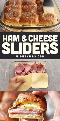 ham and cheese sliders in plastic containers with text overlay