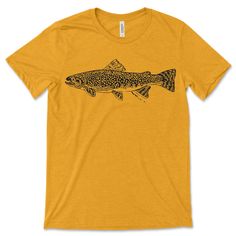 FISH ON! The Trout Tee is perfect for the Fly Fishing Enthusiast. All anglers will definitely up their "Stream-Cred" with this shirt. **Good things take time. Your shirt is custom printed, made to order. We hope to print, dry, and ship your shirt within a week of ordering, but sometimes the process can take longer. We think it is well worth the wait. Please check out our FAQs to learn more about our unique printing process.** This shirt is 52% Airlume combed and ring-spun cotton, 48% poly and pr Short Sleeve Fish Print T-shirt For Fishing, Pre-shrunk Short Sleeve Fishing Shirt, Blue Clay, Things Take Time, Good Things Take Time, Worth The Wait, It Is Well, The Funny, The Fly