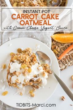 carrot cake oatmeal with cream cheese frosting in a bowl and on a white plate