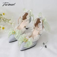 TAVIMART - Original Girls Sweet Lolita Ruffles Bowknot Lace Bridal Wedding Shoes Women High Heel Bordered Pearl Chain Princess Shoes Heel height 7cm Silver Platforms, Champagne Evening Dress, Wedding Dresses High Low, Nontraditional Wedding Dress, Fairy Wedding Dress, Gothic Wedding Dress, Princess Shoes, Bridal Wedding Shoes, Red Evening Dress