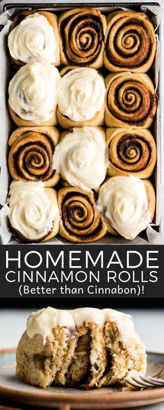 homemade cinnamon rolls with white frosting in a box