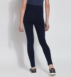 You'll love how you look in these slimming denim leggings, styled with a high waistband that has a moderate control inner band to slim the waist, flatten your tummy and smooth your lower back. Tall waistband has covered elastic at top edge for fit. Control lining flattens the tummy and extends around back . Shapely fitted fit conforms to your curves. No pockets means no extra bulk. Dark wash denim is always great for a dressed-up casual look. Lysse Leggings Women's Slimming Denim Legging in Whit High Rise Leggings With Wide Waistband, Tight High-rise Leggings With Wide Waistband, Stretch High Rise Pull-on Pants, High Rise Bottoms With Comfort Stretch And Elastic Waistband, Versatile Tight Mid-rise Bottoms, High Rise Pants With Elastic Waistband And Comfort Stretch, Comfortable Full-length Everyday Bottoms, Stretch Mid-rise Cotton Jeggings, High Rise Comfort Stretch Athleisure Bottoms