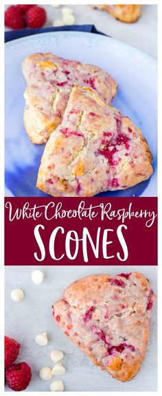 white chocolate raspberry scones on a blue plate