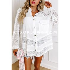 Pol Off White Cotton + Floral Lace Button Down Shirt Oversized Fit Unwind And Embrace The Carefree Coastal Life With Our Beach Haven Off White Gauze + Floral Lace Button Down Shirt. With Its Breezy, Oversized Fit And Elegant Gauze Body Accented By Floral Lace Insets, This Classic Collared Silhouette Is A Resort Vacay Must-Have For Effortless Beach Style Year Round. (Gauss-Ically Beautiful!) Features Oversized Fit Collared Shirt Button Front Dropped Shoulders Balloon Lace Sleeves Gauze Body Singl Oversized Vacation Blouse With Button Closure, Oversized Blouse For Vacation With Button Closure, Oversized Blouse With Button Closure For Vacation, Oversized White Blouse With Button Closure, Oversized Vacation Blouse With Buttons, Oversized Blouse With Button Closure, Dolman Sleeve Shirt, Paisley Print Shirt, Beautiful Features