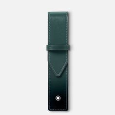 a green leather belt with a metal buckle on the front and side, sitting against a white background