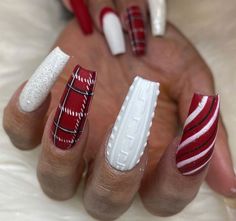 Flannel Nails Christmas, Christmas Nails Red Plaid, Plade Nails Christmas, Gingerbread Nails Acrylic Coffin, Red And Green Plaid Nails, Gel Nails Long, Sweater Nails, Plaid Nails