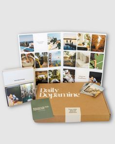 the box contains several different items including photos, cards and brochure sheets that are printed on them