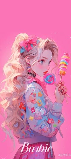 a girl with long blonde hair holding a lollipop