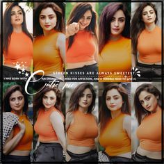 a collage of photos with different women in orange tops