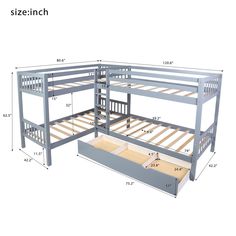 bunk bed frame with drawers and measurements for the bottom level, side by side view