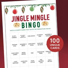 a printable christmas bingo game with the words jungle mingle and ornaments on it