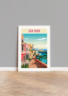 an art print of san juan, california with the ocean and buildings in the background