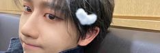 a young man with black hair has two white hearts on it's head and is sitting in a car