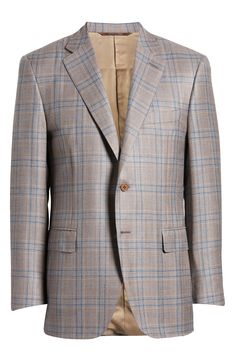 Tailored from a blend of wool, silk and linen, this sport coat patterned in a pale plaid makes a smart finish to any semiformal or warm-weather look. 30" length (size 57) Notched lapels Nonfunctional four-button cuffs Cuff buttons may not be attached. Jackets purchased at full price can have the sleeve length customized for free at your local Nordstrom Chest welt pocket; front flap pockets Side vents Lined 65% wool, 21% silk, 14% linen Dry clean Made in Italy Classic Plaid Linen Outerwear, Formal Plaid Linen Blazer, Classic Plaid Sport Coat For Spring, Spring Formal Plaid Sport Coat, Summer Wardrobe Essentials, Wedding Guest Shoes, Coat Patterns, Baby Boy Shoes, Pajama Robe