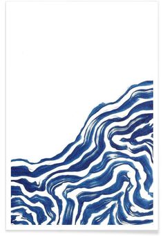 an abstract blue and white painting with wavy lines on the bottom half of it, against a white background