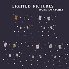 the cover of lighted pictures more swatches, with small lights strung from strings above them