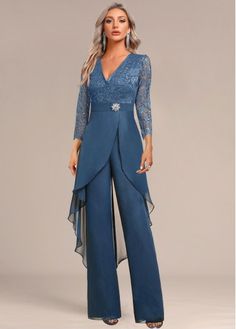 Luxury Lace Patchwork Dresses With Spaghetti Straps, Hairstyles Bridesmaid, Solid Color Jumpsuits, Blue Jumpsuit, Stil Elegant, Bridesmaid Hairstyles, Jumpsuit With Sleeves, Hairstyles Medium, Loose Waves