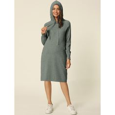 Introducing the INSPIRE CHIC Women's Casual Pullover Sweatshirt Long Sleeve Hoodie Dress with Pockets - the perfect blend of style and comfort. This versatile piece boasts a long-sleeved midi design that is an essential addition to any fashion-forward woman's wardrobe. Its pullover style, convenient pockets, and casual yet chic hoodie design make it an ideal choice for any occasion. The slim fit and round neck add a touch of sophistication to this trendy piece that can be dressed up or down with Casual Winter Sweater Dress With Ribbed Cuffs, Casual Spring Sweater Dress With Ribbed Cuffs, Casual Sweater Dress With Ribbed Cuffs For Spring, Casual Gray Sweater Dress For Fall, Casual Fall Sweater Dress With Ribbed Cuffs, Casual Hooded Sweater Dress For Fall, Casual Hooded Sweater Dress For Winter, Casual Long Sleeve Solid Sweater Dress, Casual Solid Sweater Dress For Loungewear