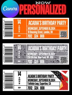 an orange and black birthday party ticket with the words, now personalized on it